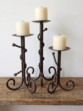 Set of 3 Wrought Iron Pillar Candle Holders Bronze Scroll Brushed Gold Roping